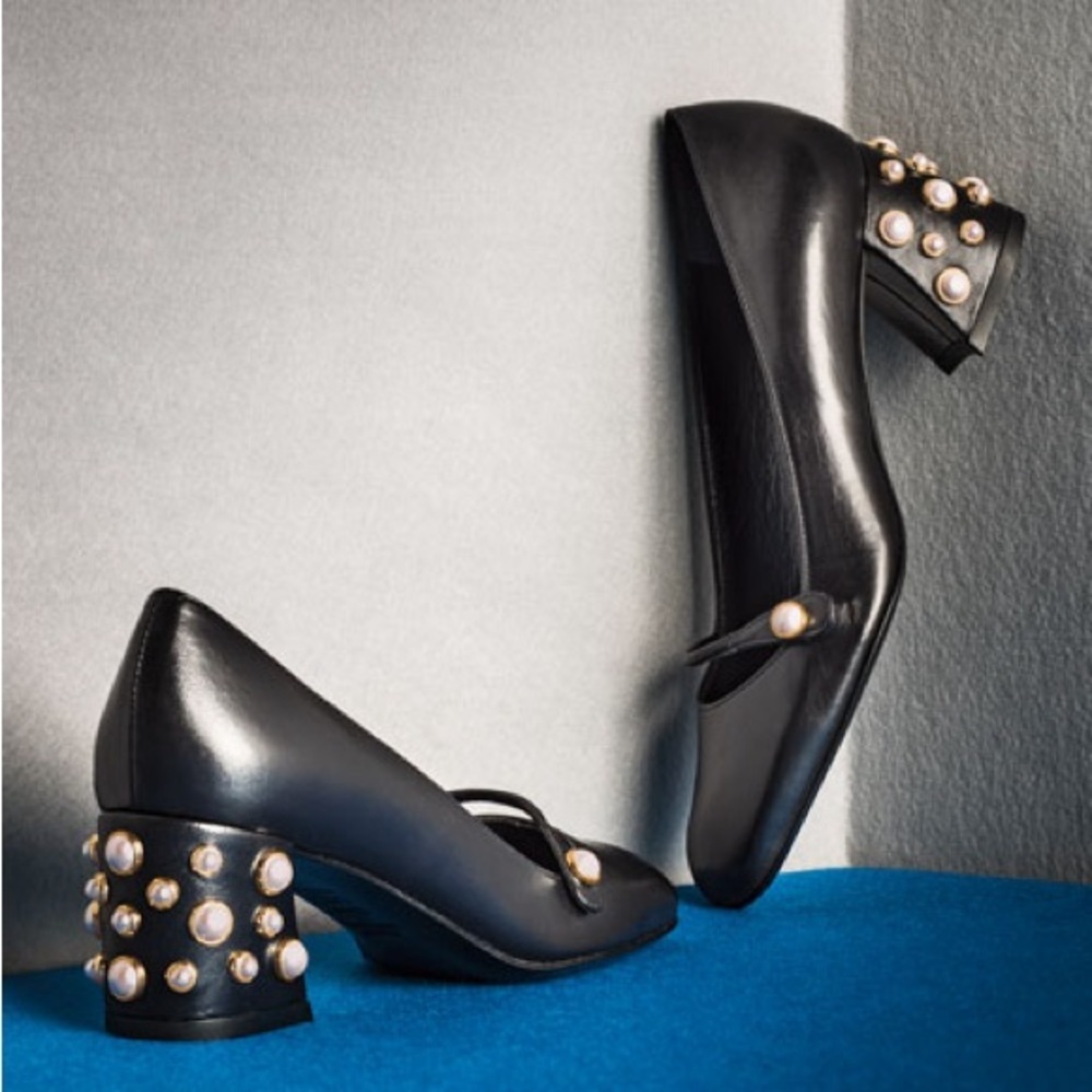 Stuart Weitzman Pearlstrap Square Toe Angled Block Heel Mary Jane Leather Pump